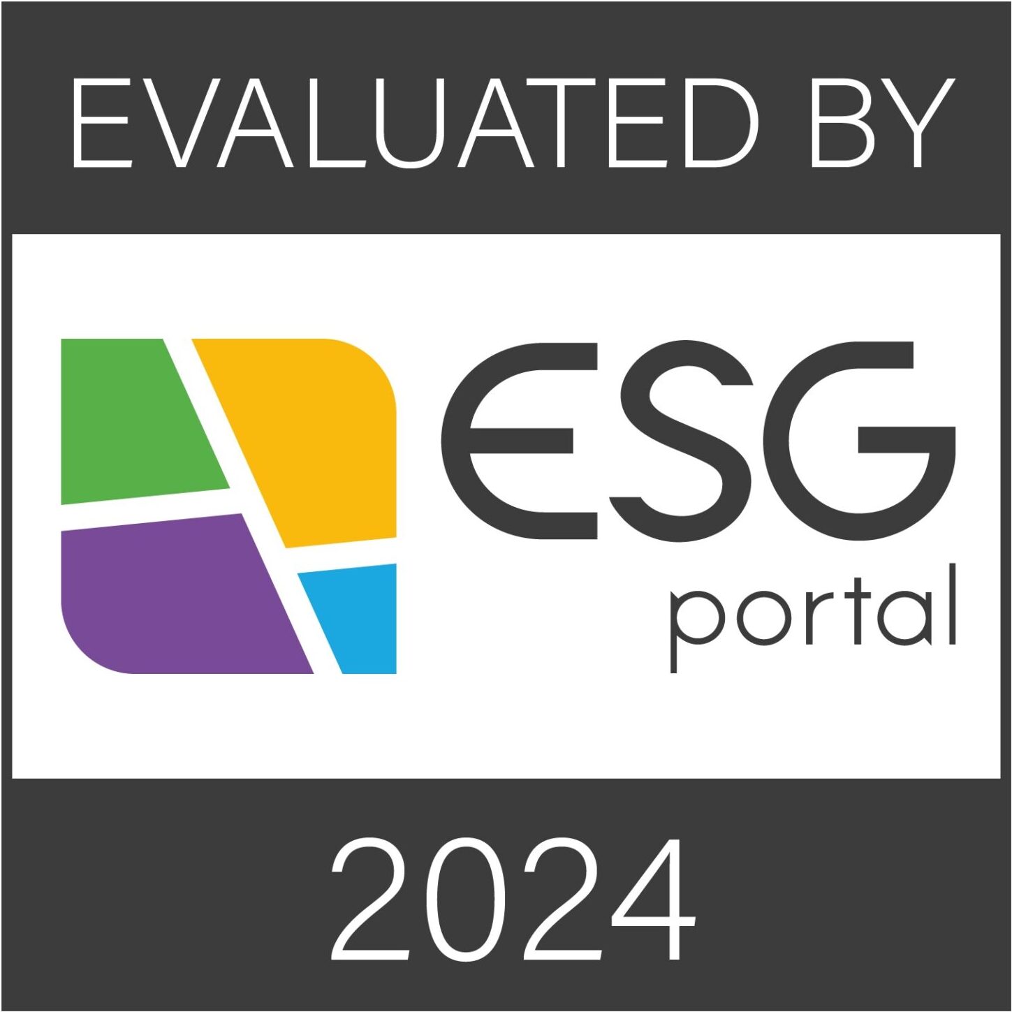 Immagine della certificazione di ESG Portal che ha valutato Monteleone Trasporti nel 2024, nell'immagine: Evaluated by ESG Portal 2024 con logo